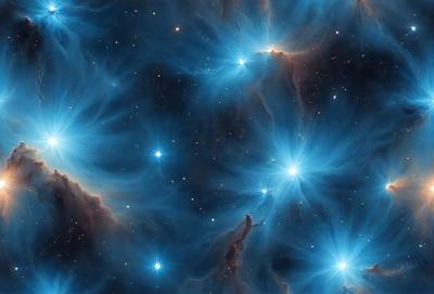 The primary subject of the image is a beautiful and colorful nebula, which is the main object, scene, or focus of the image. The setting or background of the image features a blue sky, which adds to the overall atmosphere. The visual style of the image is a combination of photo and digital art, creating a unique and captivating representation of the nebula. The colors and mood of the image are predominantly blue, which is associated with tranquility and serenity.