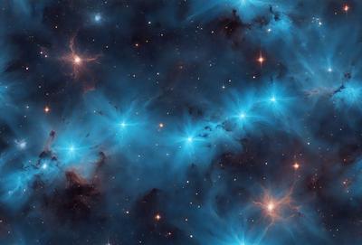 The primary subject of the image is a beautiful blue starry sky filled with bright stars. The setting is a vast, dark space, and the visual style is a combination of a photo and digital art. The colors and mood of the image are predominantly blue, creating a serene and peaceful atmosphere.