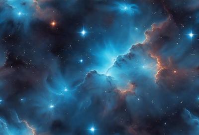 The primary subject of the image is a beautiful, colorful, and intricate space scene. The setting is a vast, star-filled sky, with the stars appearing as bright, shining lights. The visual style of the image is a combination of photo and digital art, creating a captivating and immersive atmosphere. The colors and mood of the image are predominantly blue and purple, giving the scene a serene and celestial feel.