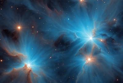 The primary subject of the image is a beautiful and colorful nebula, which is the main object, scene, or focus of the image. The setting or background of the image features a starry night sky, creating a captivating and serene atmosphere. The visual style of the image is a combination of photo and digital art, as it captures the vibrant colors and intricate patterns of the nebula. The colors and mood of the image are predominantly blue, with a touch of orange, which adds