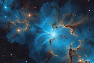 The primary subject of the image is a blue nebula, which is a cloud of gas and dust in space. The setting is a dark, starry sky, with the nebula being the main focus of the image. The visual style is a combination of a photo and digital art, creating a unique and captivating representation of the celestial object. The dominant colors are blue and purple, giving the image a serene and peaceful atmosphere.