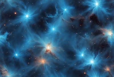 The primary subject of the image is a beautiful blue starry sky filled with bright stars. The setting is a vast, dark space, and the visual style is a combination of a photo and digital art. The colors and mood of the image are predominantly blue, creating a serene and peaceful atmosphere.