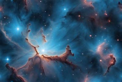 The primary subject of the image is a beautiful, colorful nebula with a blue hue. The setting is a dark, starry sky, and the visual style is a combination of a photo and digital art. The colors and mood of the image are vibrant and captivating, creating a sense of wonder and awe.