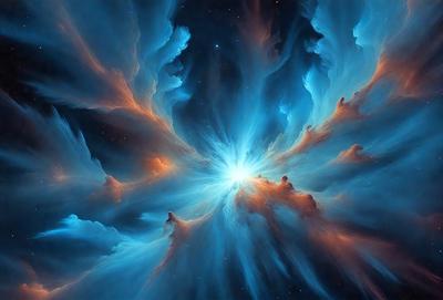 The primary subject of the image is a vibrant, colorful, and intricate space scene. The setting is a starry night, with a backdrop of a blue sky filled with stars. The visual style of the image is a combination of photo and digital art, creating a unique and captivating representation of the cosmos. The dominant colors in the scene are blue, orange, and purple, which contribute to the overall atmosphere of the image.