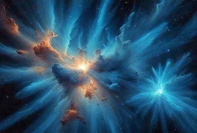 The primary subject of the image is a bright, colorful, and intricate space scene. The setting is a night sky filled with stars, creating a breathtaking backdrop. The visual style of the image is a combination of photo and digital art, giving it a unique and captivating appearance. The dominant colors in the scene are blue, purple, and orange, which contribute to the overall mood of the image, evoking a sense of wonder and exploration.