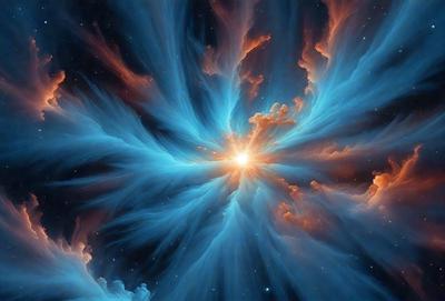 The primary subject of the image is a blue and orange nebula, which is a swirling mass of gas and dust in space. The setting is a dark, starry sky, with the nebula being the main focus of the image. The visual style is a combination of a photo and digital art, creating a unique and captivating representation of the celestial object. The dominant colors are blue and orange, which evoke a sense of wonder and awe in the viewer.