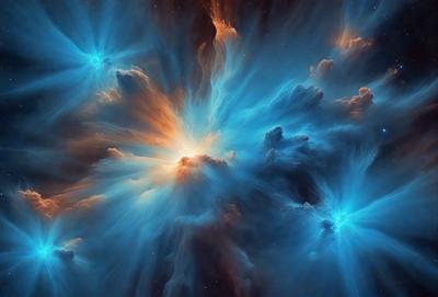 The primary subject of the image is a vibrant and colorful nebula, which is the main object, scene, or focus of the image. The setting or background features a blue sky, which adds to the overall atmosphere of the image. The visual style of the image is a combination of photo and digital art, creating a unique and captivating representation of the nebula. The dominant colors in the image are blue and orange, which contribute to the lively and energetic mood of the scene.