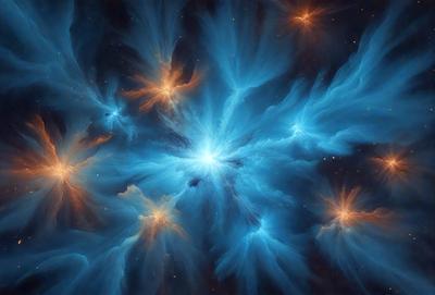 The primary subject of the image is a blue nebula, which is a cloud of gas and dust in space. The setting is a dark, starry sky, with the nebula being the main focus of the image. The visual style is a combination of a photo and digital art, creating a unique and captivating representation of the celestial object. The dominant colors are blue and purple, giving the image a serene and peaceful atmosphere.