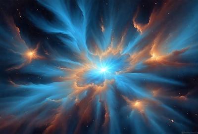 The primary subject of the image is a bright blue nebula, which is a swirling mass of gas and dust in space. The setting is a dark, starry sky, with the nebula being the main focus of the image. The visual style is a combination of a photo and digital art, creating a vibrant and captivating scene. The dominant colors are blue and orange, with the blue nebula standing out against the dark background. The overall atmosphere is one of wonder and awe, as the vie