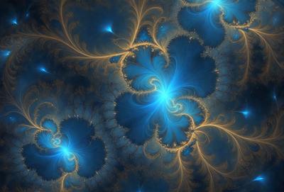 The primary subject of the image is a blue and yellow swirling pattern, which appears to be a digital art or illustration. The setting is a blue background, and the visual style is a combination of digital art and illustration. The dominant colors are blue and yellow, creating a vibrant and lively atmosphere.