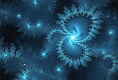 The primary subject of the image is a blue and white spiral pattern, which appears to be a digital art or illustration. The setting is a dark blue background, which contrasts with the spiral pattern. The visual style is a combination of digital art and illustration, creating a unique and intricate design. The colors and mood of the image are predominantly blue, with a touch of white, giving it a calm and serene atmosphere.