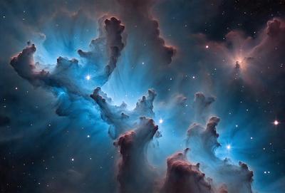The primary subject of the image is a beautiful and intricate space scene featuring a blue nebula with a starry background. The setting is a night sky filled with stars, creating a serene and captivating atmosphere. The visual style of the image is a combination of photo and digital art, resulting in a stunning and detailed representation of the celestial landscape. The colors and mood of the image are predominantly blue and dark, with the blue nebula serving as the focal point and the starry background adding