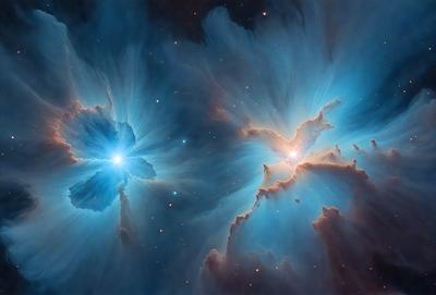 The primary subject of the image is a beautiful and colorful nebula, which is the main object, scene, or focus of the image. The setting or background of the image features a starry night sky, creating a captivating and serene atmosphere. The visual style of the image is a combination of photo and digital art, as it captures the vibrant colors and intricate patterns of the nebula. The colors and mood of the image are predominantly blue and purple, with a sense of wonder