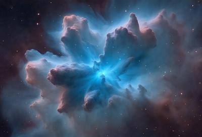The primary subject of the image is a large, blue, swirling cloud in the middle of a dark, starry sky. The cloud appears to be a nebula, surrounded by a backdrop of stars. The visual style of the image is a combination of a photo and digital art, creating a striking and captivating scene. The dominant colors in the image are blue and black, with the blue nebula standing out against the dark, starry background. The overall atmosphere of the image is one of wonder and awe
