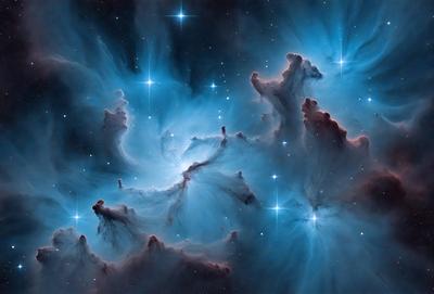 The primary subject of the image is a beautiful and intricate space scene, featuring a blue background with a starry sky. The setting includes a nebula, which is a cloud of gas and dust in space. The visual style of the image is a combination of photo and digital art, creating a captivating and detailed representation of the celestial landscape. The colors and mood of the image are predominantly blue, which adds to the serene and peaceful atmosphere of the scene.