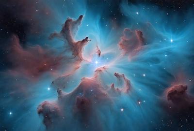 The primary subject of the image is a nebula, which is a cloud of gas and dust in space. The setting is a dark, starry sky, and the visual style is a combination of a photo and digital art. The colors and mood of the image are predominantly blue and purple, creating a serene and celestial atmosphere.