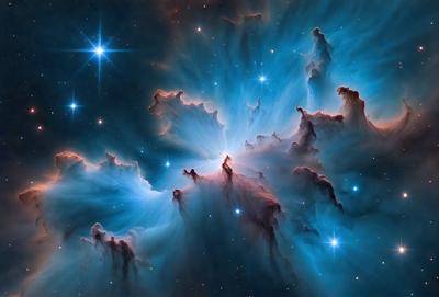 The primary subject of the image is a beautiful and intricate space scene, featuring a nebula with a blue hue. The setting is a night sky, and the visual style appears to be a combination of photo and digital art. The colors and mood of the image are predominantly blue, creating a serene and captivating atmosphere.