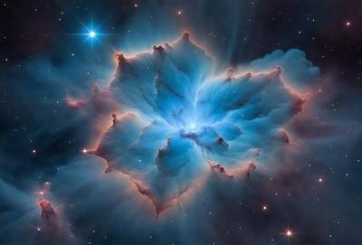 The primary subject of the image is a blue flower-like structure, which appears to be a celestial object or a space-themed artwork. The setting is a starry night sky, with the blue flower being the main focus of the image. The visual style is a combination of digital art and illustration, creating a unique and captivating scene. The dominant colors in the image are blue and purple, giving the scene a serene and otherworldly atmosphere.