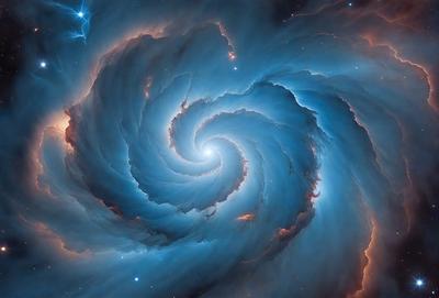 The primary subject of the image is a spiral galaxy, which is a large, swirling mass of stars and gas. The galaxy is set against a backdrop of space, with a starry background visible. The visual style of the image is a combination of photo and digital art, creating a realistic yet artistic representation of the galaxy. The dominant colors in the image are blue and purple, giving the galaxy a serene and majestic appearance.