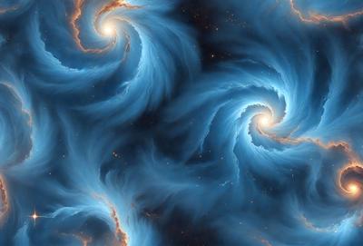 The primary subject of the image is a blue spiral pattern, which is the main object, scene, or focus of the image. The setting or background features a blue and orange sky, which adds to the overall atmosphere of the image. The visual style of the image is digital art, as it is a computer-generated image. The dominant colors in the image are blue and orange, creating a vibrant and dynamic scene.