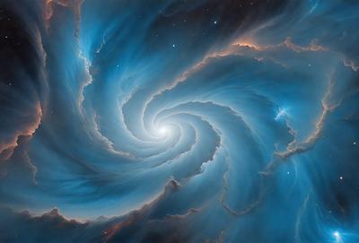 The primary subject of the image is a spiral galaxy, which is a large, swirling mass of stars and gas. The galaxy is set against a backdrop of a dark, star-filled sky. The visual style of the image is a combination of photo and digital art, creating a stunning and detailed representation of the galaxy. The colors and mood of the image are predominantly blue, which adds to the sense of depth and beauty in the scene.