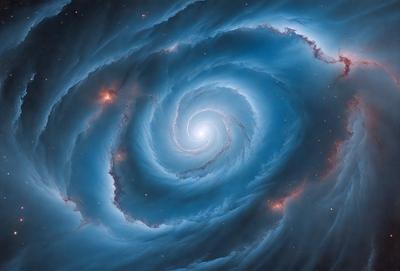 The primary subject of the image is a spiral galaxy, which is a large, swirling mass of stars and gas. The galaxy is set against a backdrop of space, with a blue hue to the image. The visual style of the image is a combination of photo and digital art, creating a unique and captivating representation of the spiral galaxy. The colors and mood of the image are predominantly blue, giving a sense of calmness and tranquility as the viewer gazes upon the