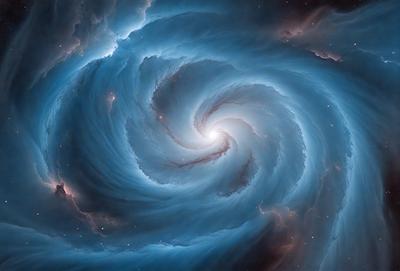 The primary subject of the image is a spiral galaxy, which is a large, swirling mass of stars and gas. The galaxy is set against a backdrop of space, with a blue hue to the image. The visual style of the image is a combination of photo and digital art, creating a unique and captivating representation of the galaxy. The colors and mood of the image are predominantly blue, giving a sense of calmness and tranquility as the viewer gazes upon the vast exp