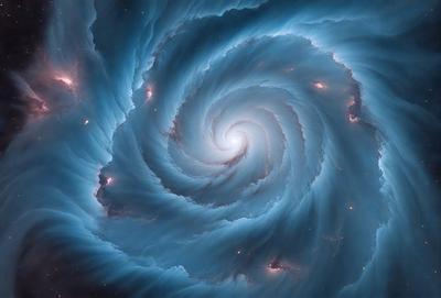 The primary subject of the image is a spiral galaxy, which is a large, swirling mass of stars and gas. The galaxy is set against a backdrop of a dark, star-filled sky. The visual style of the image is a combination of photo and digital art, creating a stunning and detailed representation of the galaxy. The colors and mood of the image are predominantly dark and dramatic, with the spiral galaxy standing out as the central focus.