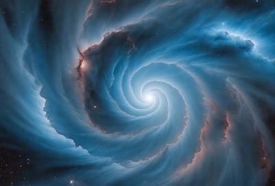 The primary subject of the image is a spiral-shaped structure, possibly a galaxy or a nebula, with a blue and white color scheme. The setting is a dark, starry sky, which serves as the backdrop for the spiral. The visual style of the image is a combination of photo and digital art, creating a unique and captivating representation of the spiral. The colors and mood of the image are serene and awe-inspiring, as the spiral stands out against the vast