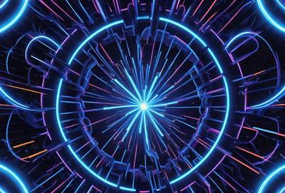 The primary subject of the image is a brightly colored, neon-lit circle. The circle is surrounded by a purple background, giving it a vibrant and lively appearance. The visual style of the image is digital art, as it is a computer-generated representation of a starburst. The dominant colors in the image are purple and blue, creating a sense of energy and excitement.