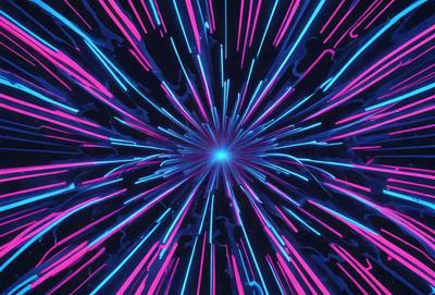 The primary subject of the image is a brightly colored, neon-like explosion or light show. The setting is a dark background, which contrasts with the vibrant colors of the light show. The visual style appears to be a digital art or illustration, as the colors and patterns are not realistic and seem to be created artificially. The dominant colors are pink, blue, and purple, creating a lively and energetic atmosphere.