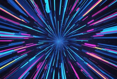 The primary subject of the image is a brightly colored, swirling, and dynamic space. The setting is a black background, which contrasts with the vibrant colors of the space. The visual style is a combination of digital art and illustration, creating a dynamic and engaging scene. The colors and mood of the image are predominantly blue, pink, and yellow, giving it a lively and energetic atmosphere.