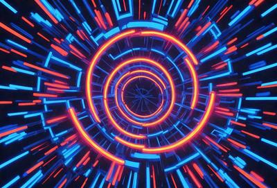 The primary subject of the image is a blue and red neon circle. The setting is a dark background, and the visual style appears to be a digital art or illustration. The dominant colors are blue and red, creating a vibrant and energetic atmosphere.