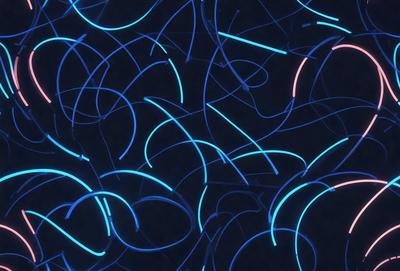 The primary subject of the image is a blue neon light pattern. The setting is a dark background, which contrasts with the bright blue neon lights. The visual style is a digital art or illustration, as the blue neon lights are the main focus of the image. The colors and mood are predominantly blue, creating a cool and futuristic atmosphere.