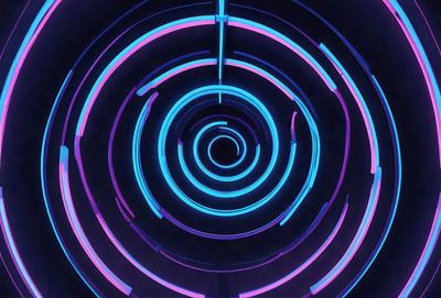 The primary subject of the image is a large, colorful spiral. The spiral is illuminated with a purple and blue light, creating a visually striking and vibrant scene. The spiral is set against a dark background, which further emphasizes the spiral's vivid colors. The overall atmosphere of the image is energetic and captivating.