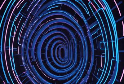The primary subject of the image is a spiral-shaped tunnel with a blue and purple lighting effect. The tunnel appears to be a futuristic, digital art or illustration, creating a visually striking and unique atmosphere. The colors and mood of the image are predominantly blue and purple, giving it a sense of depth and intrigue.