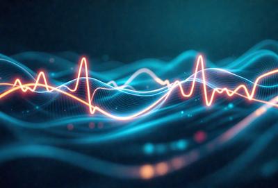 The primary subject of the image is a blue and orange light wave, which appears to be a digital art or illustration. The setting is a dark background, and the visual style gives the impression of a futuristic or technological scene. The dominant colors are blue and orange, creating a vibrant and energetic atmosphere.