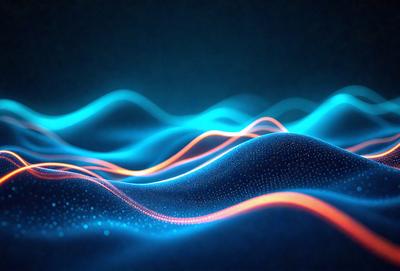 The primary subject of the image is a blue and orange wave pattern. The setting is a dark blue background, which creates a contrasting effect with the wave pattern. The visual style is a digital art or illustration, as the wave pattern appears to be a digital creation. The colors and mood of the image are predominantly blue and orange, giving it a vibrant and energetic atmosphere.