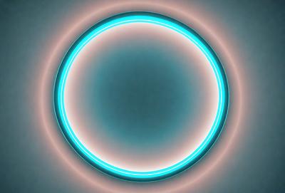 The primary subject of the image is a large, round, blue light source. The light appears to be a neon or glowing circle, and it is the main focus of the image. The setting is a white wall, which serves as the background for the light source. The visual style of the image is a close-up of the light source, emphasizing its brightness and color. The colors and mood of the image are predominantly blue, creating a calm and serene atmosphere.