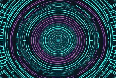 The primary subject of the image is a purple and teal neon circle. The setting is a dark background, and the visual style appears to be a digital art or illustration. The dominant colors in the image are purple and teal, creating a vibrant and lively atmosphere.