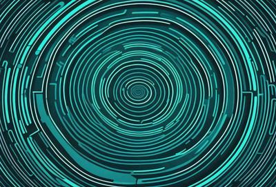 The primary subject of the image is a large, circular, blue and green pattern. The setting is a dark, blue background, which contrasts with the bright colors of the pattern. The visual style is a combination of digital art and illustration, creating a unique and eye-catching design. The colors and mood of the image are vibrant and energetic, with the blue and green hues evoking a sense of depth and movement.