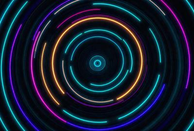 The primary subject of the image is a neon-colored circle with a swirling pattern. The circle is the main object, scene, or focus of the image. The setting or background is a dark, starry night, which adds to the overall atmosphere. The visual style of the image is a digital art or illustration, as it features a vibrant and colorful design. The dominant colors in the image are neon shades, such as pink, blue, and green, which create a lively and ener