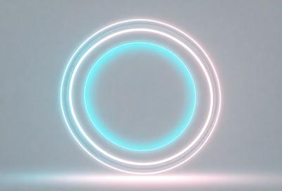 The primary subject of the image is a large, circular, neon-colored light. The light is illuminated and appears to be glowing in the dark. The setting is a white background, which provides a clean and minimalistic appearance. The visual style is a combination of digital art and illustration, creating a unique and eye-catching design. The colors and mood of the image are predominantly blue and green, giving it a calming and serene atmosphere.