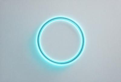 The primary subject of the image is a neon ring, which is a blue circle with a green outline. The ring is placed on a white wall, creating a striking contrast between the colors. The visual style of the image is a combination of digital art and illustration, as the ring appears to be a digital creation with a hand-drawn appearance. The colors and mood of the image are vibrant and energetic, with the blue and green neon ring standing out against the white wall.
