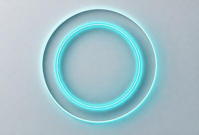 The primary subject of the image is a large, round, blue light source. The light appears to be a neon ring or a blue circle, and it is placed on a white surface. The setting is minimalistic, with no other objects or background visible. The visual style is modern and futuristic, as the light source is a prominent and unique element in the composition. The colors and mood of the image are predominantly blue and cool, creating a sense of calmness and sophistication.