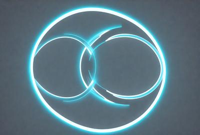 The primary subject of the image is a neon circle with two interlocking circles inside it. The setting is a dark background, and the visual style is a digital art or illustration. The dominant colors are blue and white, creating a calm and serene atmosphere.