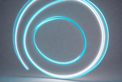 The primary subject of the image is a blue light ring, which is a circular light source. The setting is a white wall, and the visual style appears to be a digital art or illustration. The dominant colors in the image are blue and white, creating a calm and serene atmosphere.