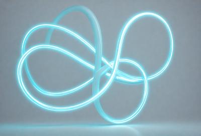 The primary subject of the image is a blue neon light, which is the main focus of the scene. The light is shining on a white surface, creating a visually striking contrast. The visual style of the image is a digital art or illustration, as the light appears to be a digital creation. The colors and mood of the image are predominantly blue and cool, giving the scene a futuristic and modern feel.