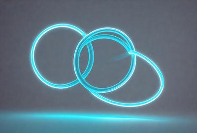The primary subject of the image is a pair of neon rings, which are blue and glowing. They are placed on a white background, creating a striking contrast. The visual style of the image is a digital art or illustration, as the neon rings are depicted in a creative and artistic manner. The colors and mood of the image are predominantly blue and vibrant, giving the impression of a futuristic or otherworldly scene.