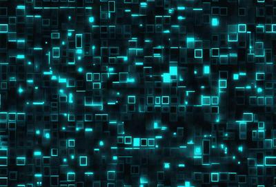 The primary subject of the image is a blue and green patterned background. The setting is a dark, blue-lit environment, which creates a moody atmosphere. The visual style is a combination of digital art and illustration, with a focus on the intricate patterns and colors. The dominant colors are blue and green, which create a sense of depth and complexity in the image.